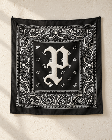 Personal bandanna hanging on a wall as a banner