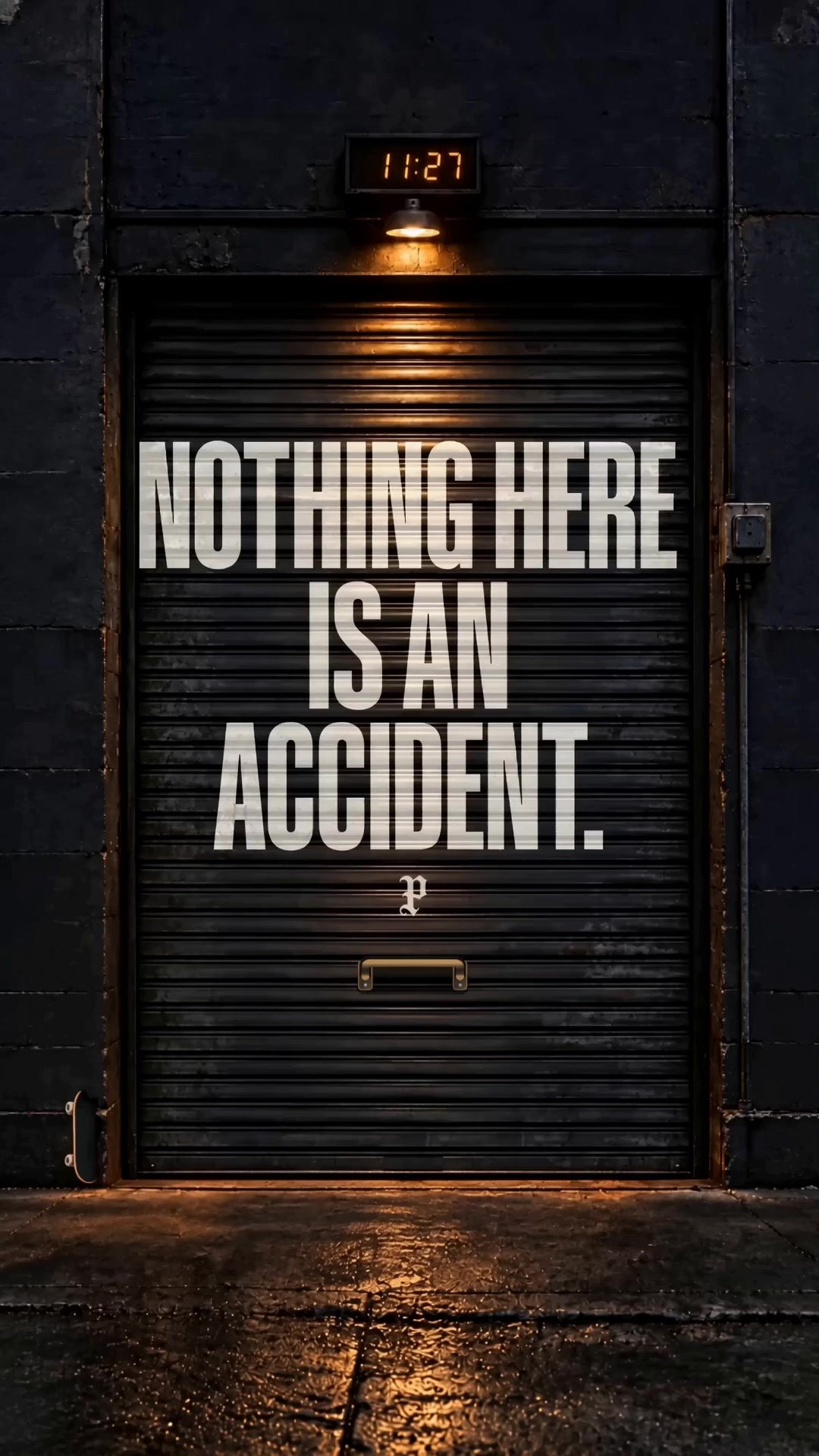 Personal Label Co warehouse door, Nothing here is an accident, with the P logo and upright skateboard